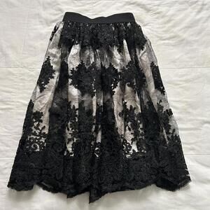 NWT Axes Femme Black tulle corded lace overlay midi skirt with elastic waistband